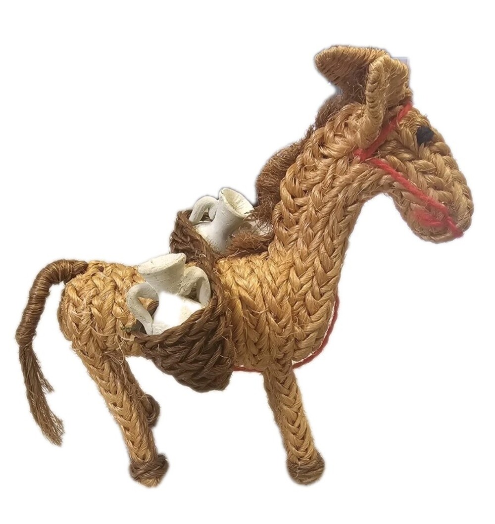 1960s Vintage Mexican Woven Straw Donkey Burro with Clay Pots- Pack Mule